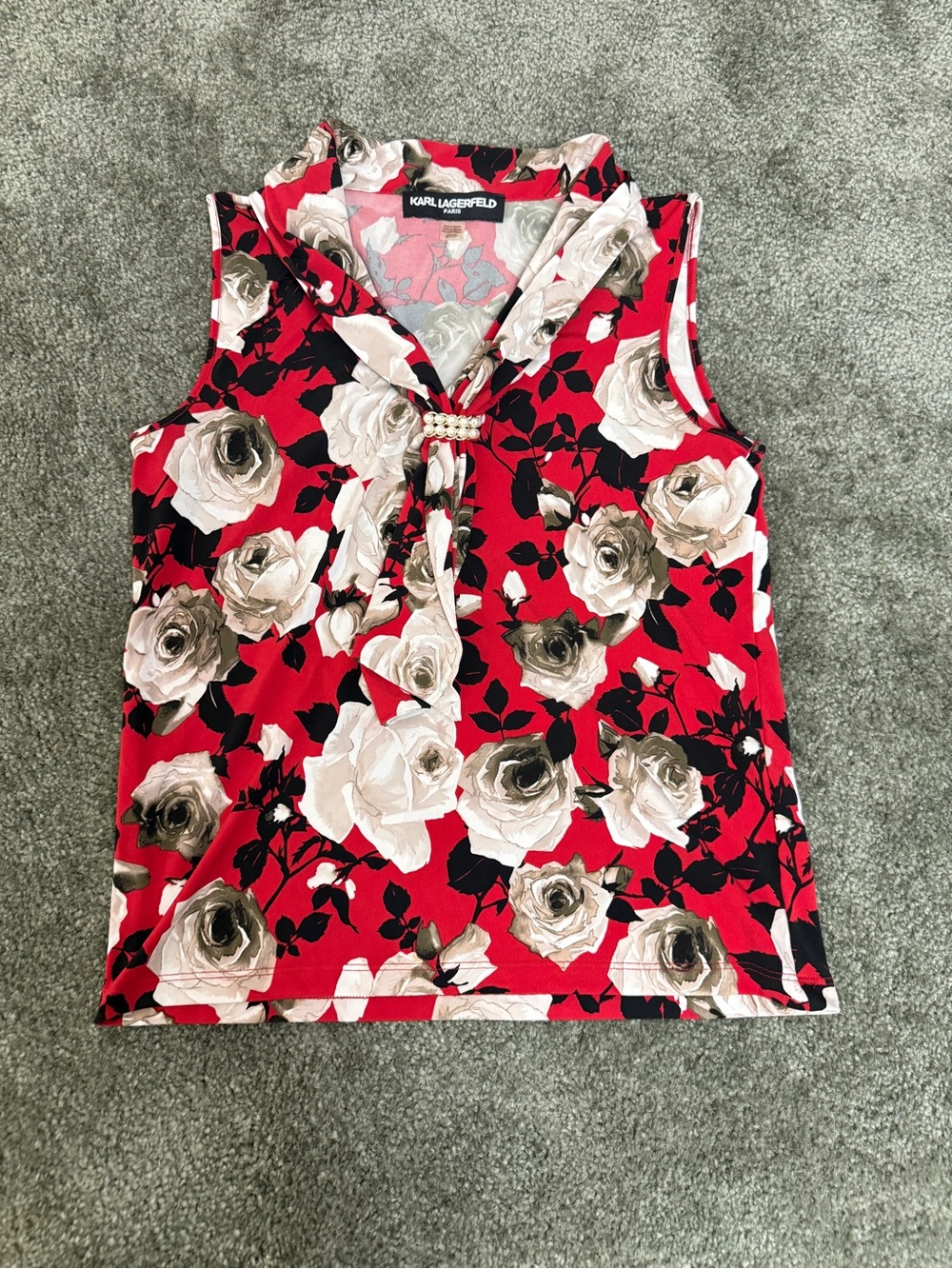 Karl Lagerfeld Red Rose-Print Sleeveless Tie-Detail Camisole